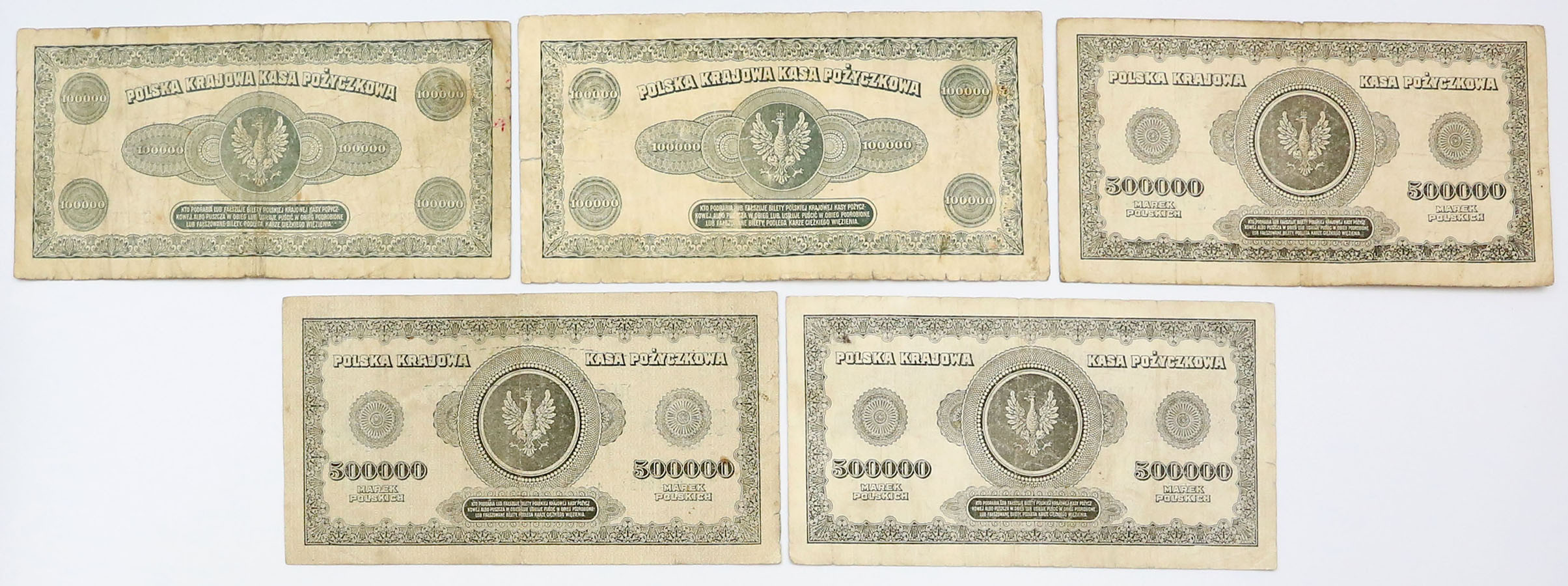 100.000-500.000 marek polskich 1923, zestaw 5 banknotów